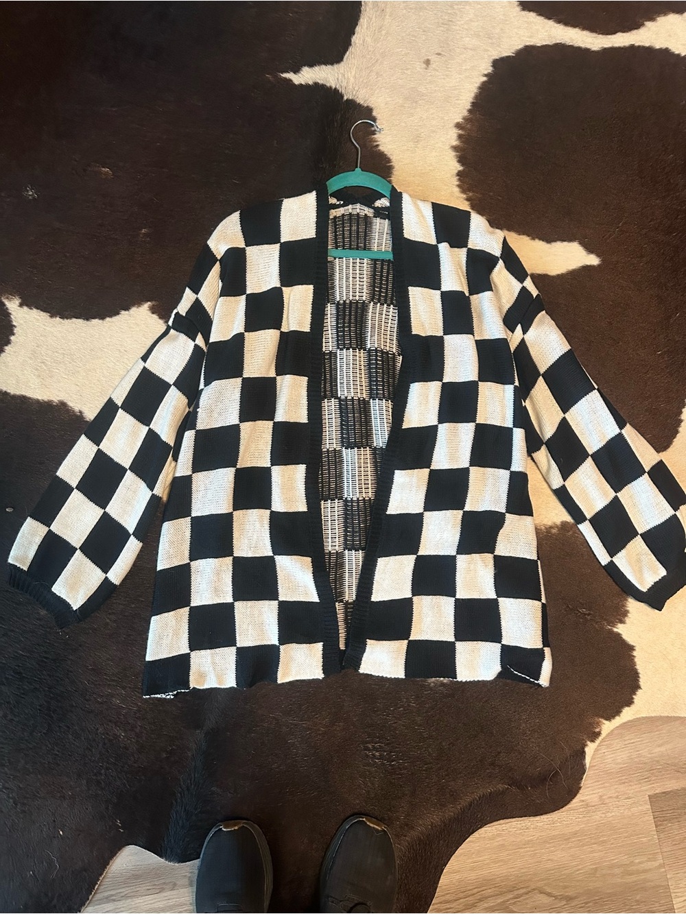 Mango Black and White Checkerboard Open-Front Cardigan